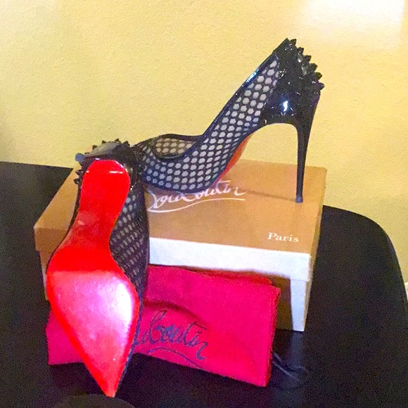 Christian Louboutin , spiked back, black Mesh,Patient Leather, webs (42)”12 🌹🌹 - Picture 6 of 7